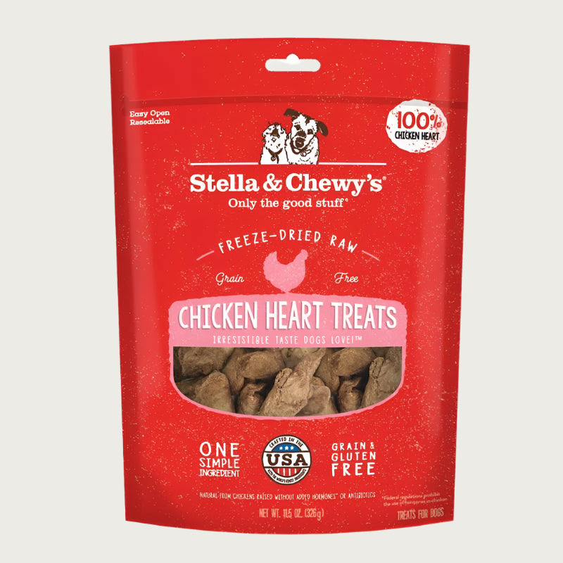 11.5 oz red bag of Stella & Chewy's Freeze-Dried Raw, Grain Free Chicken Heart Treats. One simple ingredient; 100% chicken heart. Grain & gluten free.