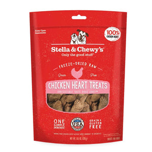 11.5 oz red bag of Stella & Chewy's Freeze-Dried Raw, Grain Free Chicken Heart Treats. One simple ingredient; 100% chicken heart. Grain & gluten free.