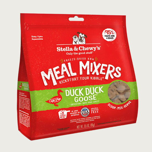 18 oz red bag of Stella & Chewy's "Only the good stuff" Freeze-Dried Raw Meal Mixers "Kickstart Your Kibble" Duck Duck Goose recipe for dogs. Additional text: 95% poultry, organs & bone, grain free, cage-free.