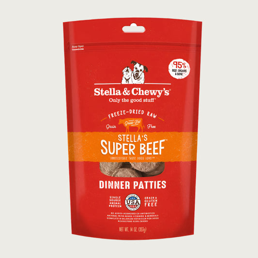 14 oz red bag of Stella & Chewy's "Only the good stuff" Stella's Super Beef Dinner Patties. Additional text: 95% beef, organs & bone, freeze-dried raw, grain free, grass-fed, single source animal protein.
