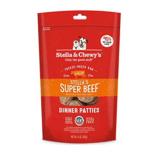 14 oz red bag of Stella & Chewy's "Only the good stuff" Stella's Super Beef Dinner Patties. Additional text: 95% beef, organs & bone, freeze-dried raw, grain free, grass-fed, single source animal protein.