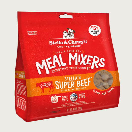 18 oz red bag of Stella & Chewy's "Only the good stuff" Freeze-Dried Raw Meal Mixers "Kickstart Your Kibble" Stella's Super Beef recipe for dogs. Additional text: 95% beef, organs & bone, grain free, grass-fed, single source animal protein.