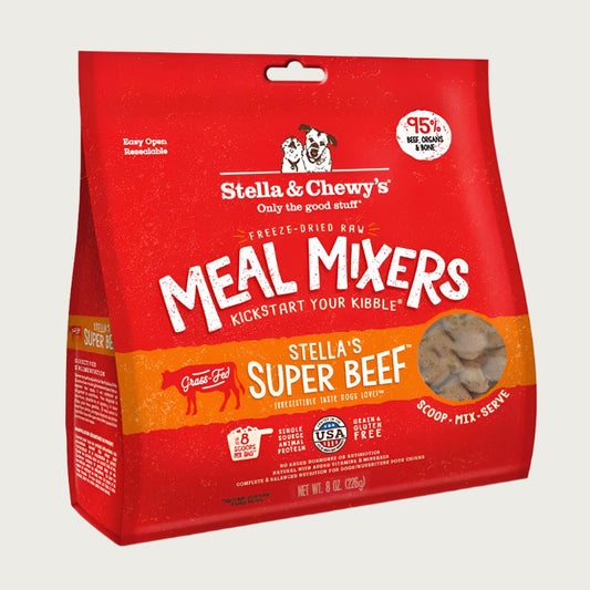 8 oz red bag of Stella & Chewy's "Only the good stuff" Freeze-Dried Raw Meal Mixers "Kickstart Your Kibble" Stella's Super Beef recipe for dogs. Additional text: 95% beef, organs & bone, grain free, grass-fed, single source animal protein.