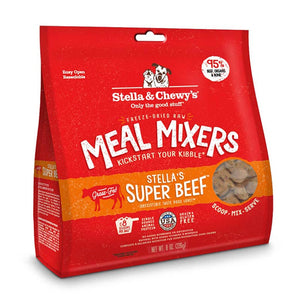 8 oz red bag of Stella & Chewy's "Only the good stuff" Freeze-Dried Raw Meal Mixers "Kickstart Your Kibble" Stella's Super Beef recipe for dogs. Additional text: 95% beef, organs & bone, grain free, grass-fed, single source animal protein.