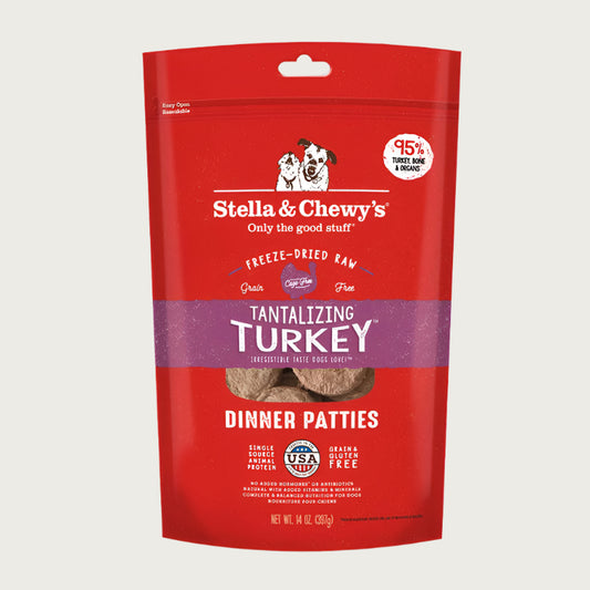 14 oz red bag of Stella & Chewy's "Only the good stuff" Tantalizing Turkey Dinner Patties. Additional text: 95% turkey, organs & bone, freeze-dried raw, grain free, cage-free.