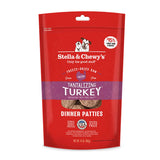 14 oz red bag of Stella & Chewy's "Only the good stuff" Tantalizing Turkey Dinner Patties. Additional text: 95% turkey, organs & bone, freeze-dried raw, grain free, cage-free.