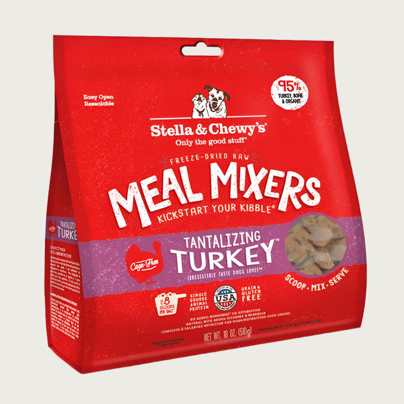 18 oz red bag of Stella & Chewy's "Only the good stuff" Freeze-Dried Raw Meal Mixers "Kickstart Your Kibble" Tantalizing Turkey recipe for dogs. Additional text: 95% turkey, organs & bone, grain free, cage-free, single source animal protein.