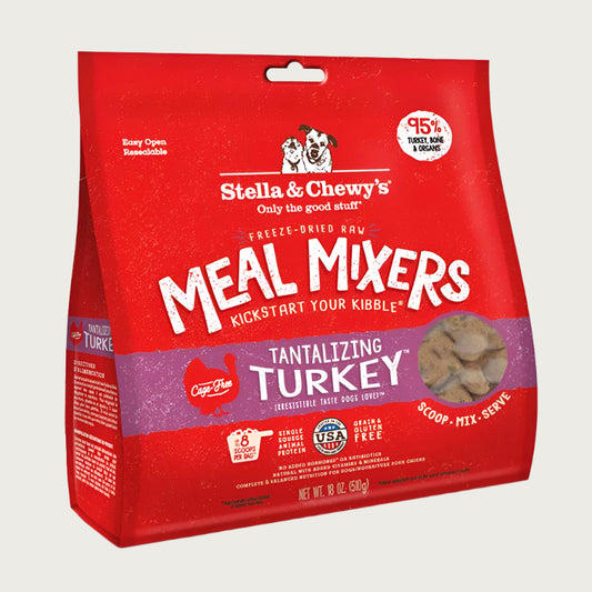 18 oz red bag of Stella & Chewy's "Only the good stuff" Freeze-Dried Raw Meal Mixers "Kickstart Your Kibble" Tantalizing Turkey recipe for dogs. Additional text: 95% turkey, organs & bone, grain free, cage-free, single source animal protein.