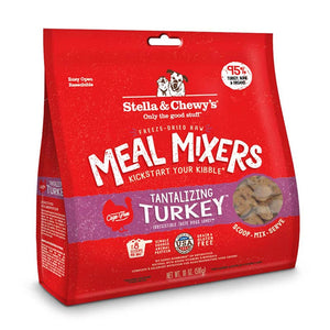18 oz red bag of Stella & Chewy's "Only the good stuff" Freeze-Dried Raw Meal Mixers "Kickstart Your Kibble" Tantalizing Turkey recipe for dogs. Additional text: 95% turkey, organs & bone, grain free, cage-free, single source animal protein.