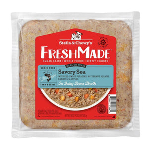 A 16 oz clear pouch of Stella & Chewy's FreshMade Gently Cooked Savory Sea dog food. Product is visible around the centered red label, and looks like finely ground fish with chopped vegetables.