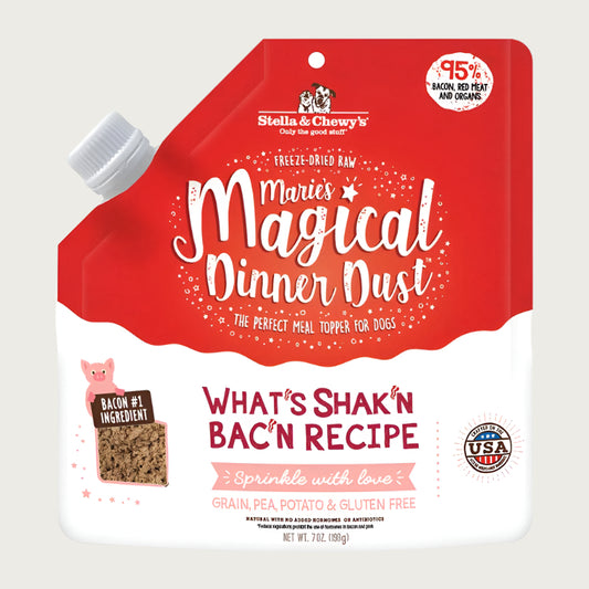 7 oz red & white bag with plastic spout, of Stella & Chewy's Freeze-Dried Raw, Marie's Magical Dinner Dust; "The perfect meal topper for dogs". "What's Shak'n Bac'n Recipe". 95% bacon, red meat and organs. Grain, pea, potato & gluten free.