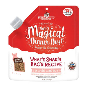7 oz red & white bag with plastic spout, of Stella & Chewy's Freeze-Dried Raw, Marie's Magical Dinner Dust; "The perfect meal topper for dogs". "What's Shak'n Bac'n Recipe". 95% bacon, red meat and organs. Grain, pea, potato & gluten free.