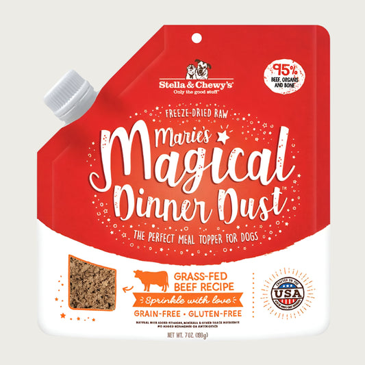7 oz red & white bag with plastic spout, of Stella & Chewy's Freeze-Dried Raw, Marie's Magical Dinner Dust; "The perfect meal topper for dogs". Grass-fed beef recipe, grain and gluten free.