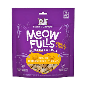 1.5 oz purple bag of Stella & Chewy's Meowfulls freeze-dried raw treats for cats. Cage-free, chicken & chicken liver recipe.