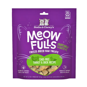 1.5 oz purple bag of Stella & Chewy's Meowfulls freeze-dried raw treats for cats. Cage-free, turkey & duck recipe.