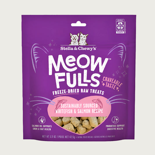 1.5 oz purple bag of Stella & Chewy's Meowfulls freeze-dried raw treats for cats. Sustainably sourced whitefish & salmon recipe.