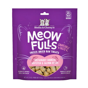1.5 oz purple bag of Stella & Chewy's Meowfulls freeze-dried raw treats for cats. Sustainably sourced whitefish & salmon recipe.