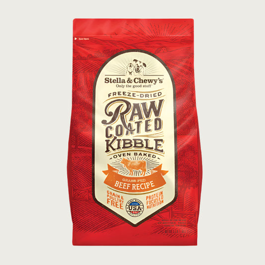 3.5 lb red bag of Stella & Chewy's Freeze-Dried Raw Coated Kibble, Oven Baked Grass-Fed Beef Recipe for dogs. Grain & poultry free, protein focused nutrition. A small illustration of a bull is in the center of the bag.