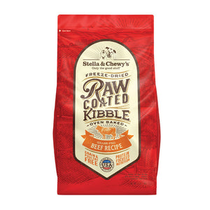 3.5 lb red bag of Stella & Chewy's Freeze-Dried Raw Coated Kibble, Oven Baked Grass-Fed Beef Recipe for dogs. Grain & poultry free, protein focused nutrition. A small illustration of a bull is in the center of the bag.