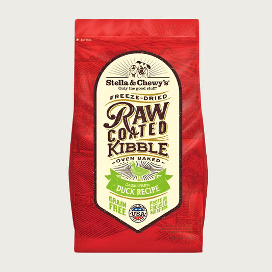 3.5 lb red bag of Stella & Chewy's Freeze-Dried Raw Coated Kibble, Oven Baked Cage-Free Duck Recipe for dogs. Grain free, protein focused nutrition. A small illustration of a duck is in the center of the bag.