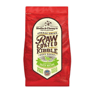 3.5 lb red bag of Stella & Chewy's Freeze-Dried Raw Coated Kibble, Oven Baked Cage-Free Duck Recipe for dogs. Grain free, protein focused nutrition. A small illustration of a duck is in the center of the bag.