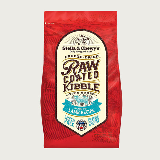 3.5 lb red bag of Stella & Chewy's Freeze-Dried Raw Coated Kibble, Oven Baked Grass-Fed Lamb Recipe for dogs. Grain & poultry free, protein focused nutrition. A small illustration of a sheep is in the center of the bag.