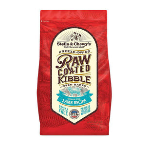 3.5 lb red bag of Stella & Chewy's Freeze-Dried Raw Coated Kibble, Oven Baked Grass-Fed Lamb Recipe for dogs. Grain & poultry free, protein focused nutrition. A small illustration of a sheep is in the center of the bag.