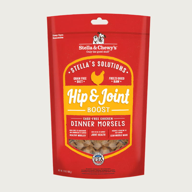 13 oz red bag of Stella & Chewy's "Only the good stuff" Stella's Solutions Freeze-Dried Raw Hip & Joint Support Meal or Topper for dogs. Cage-free chicken recipe.