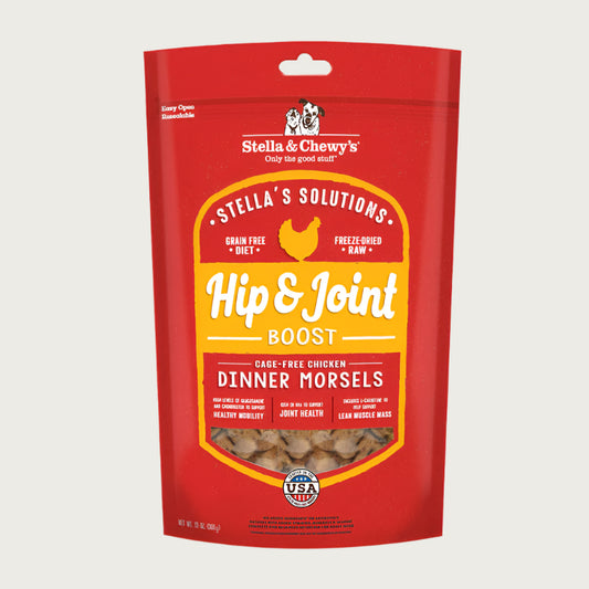 13 oz red bag of Stella & Chewy's "Only the good stuff" Stella's Solutions Freeze-Dried Raw Hip & Joint Support Meal or Topper for dogs. Cage-free chicken recipe.