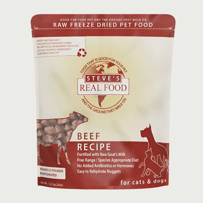 A 1.25 pound bag of Steve's Real Food freeze-dried raw food nuggets in the beef recipe for both dogs and cats. Makes 5 pounds when rehydrated.
