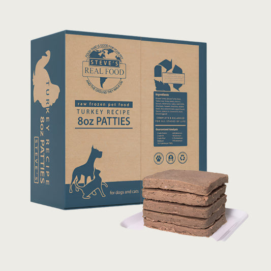 A 14 pound box of Steve's Real Food frozen raw food 8 ounce patties in the turkey recipe for both dogs and cats. A plate of the bar shaped patties is positioned in front of the box for reference.