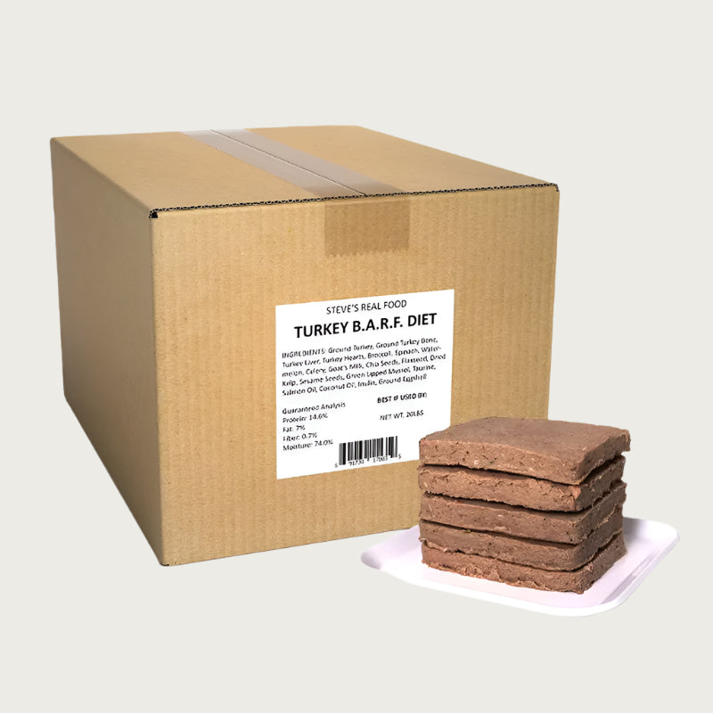 A 20 pound bulk box of Steve's Real Food frozen raw food 8 ounce patties in the turkey recipe for both dogs and cats. A plate of the bar shaped patties is positioned in front of the box for reference.