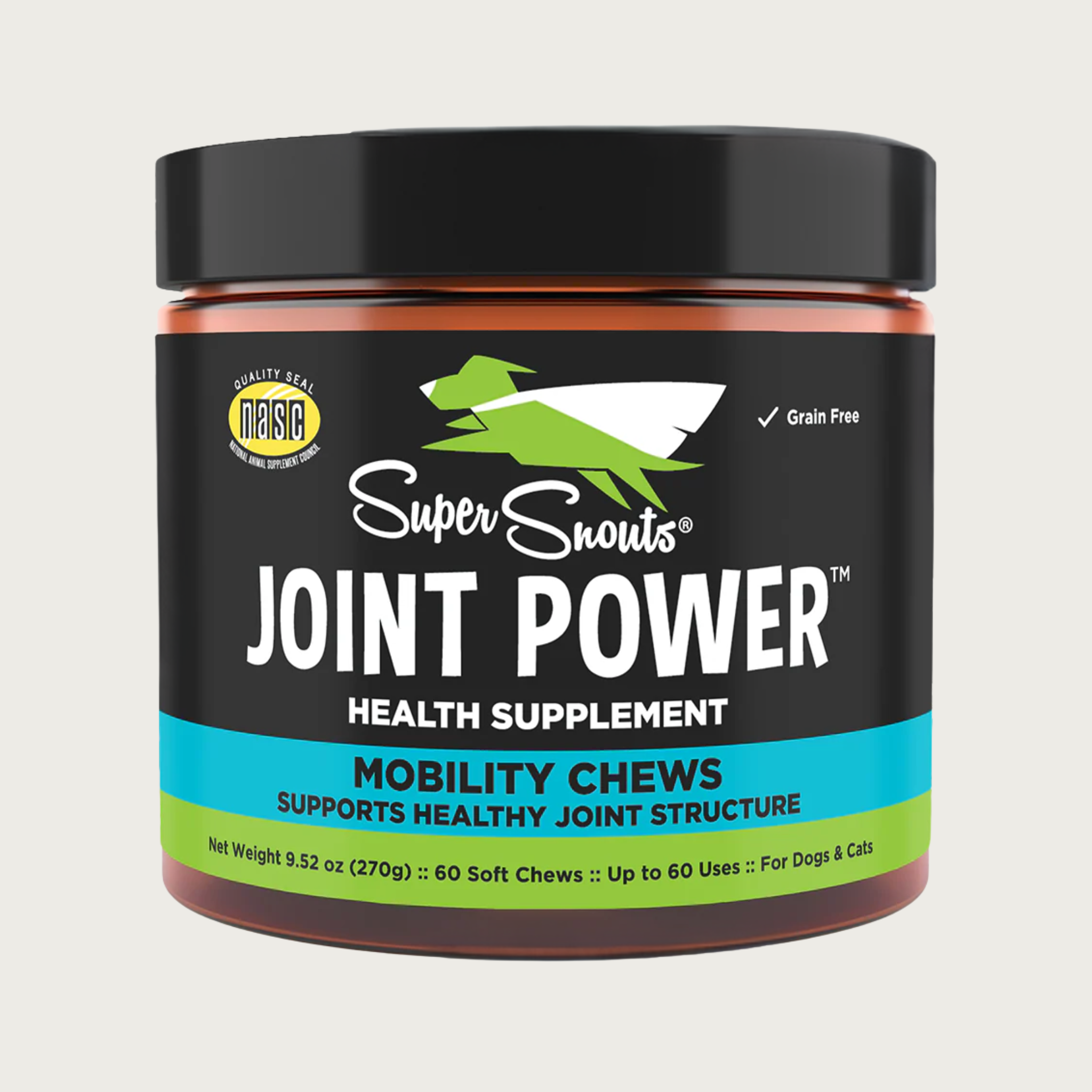 Dark plastic jar with black, green & blue label, of grain free Super Snouts Joint Power health supplement Mobility Chews. Supports healthy joint structure. Net Wt: 9.52 oz (270g), 60 soft chews. For dogs & cats.