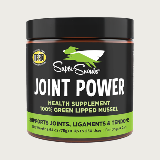 Dark plastic jar with black & green label, of Super Snouts Joint Power health supplement with 100% Green Lipped Mussel. Supports joints, ligaments & tendons. Net Contents: 2.64 oz (75g)=up to 250 servings. For dogs & cats.