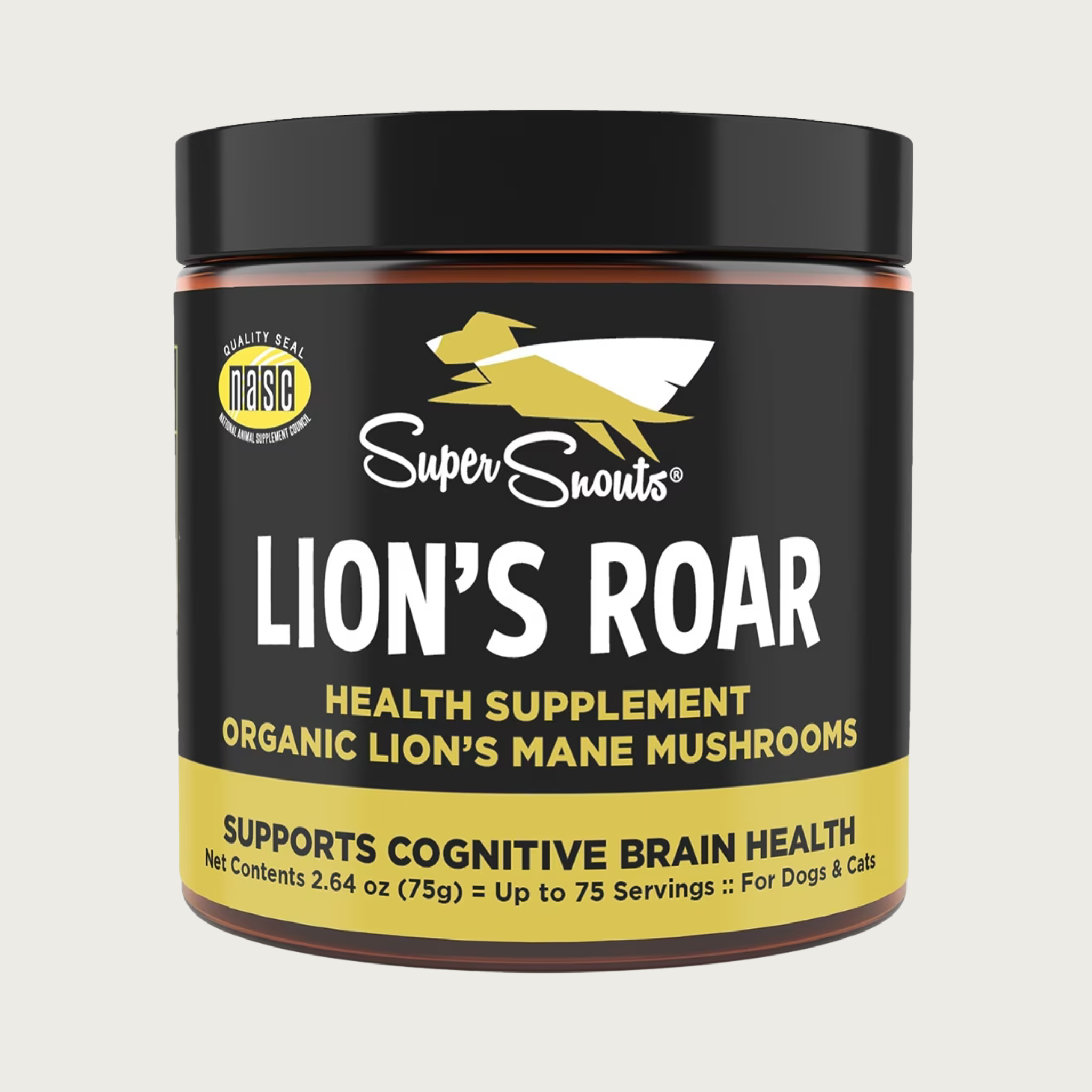 Dark plastic jar with black & gold label, of Super Snouts Lion's Roar health supplement with organic lion's mane mushrooms. Supports cognitive brain health. Net Contents: 2.64 oz (75g)=up to 75 servings. For dogs & cats.