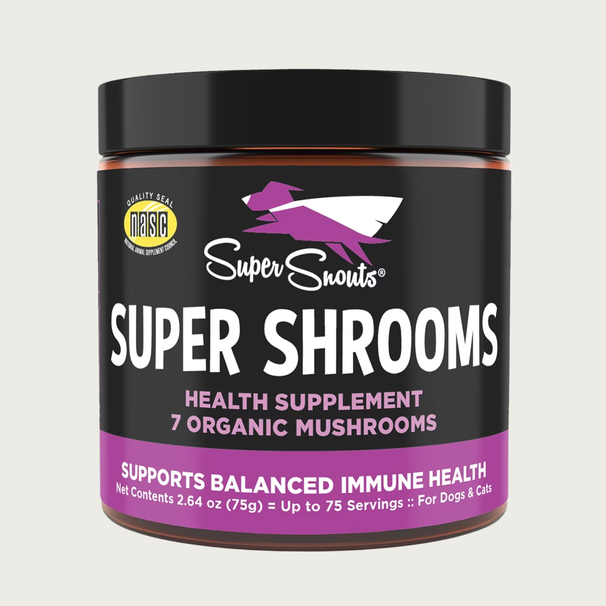 Dark plastic jar with black & purple label, of Super Snouts Super Shrooms health supplement with 7 organic mushrooms. Supports balanced immune health. Net Contents: 2.64 oz (75g)=up to 75 servings. For dogs & cats.