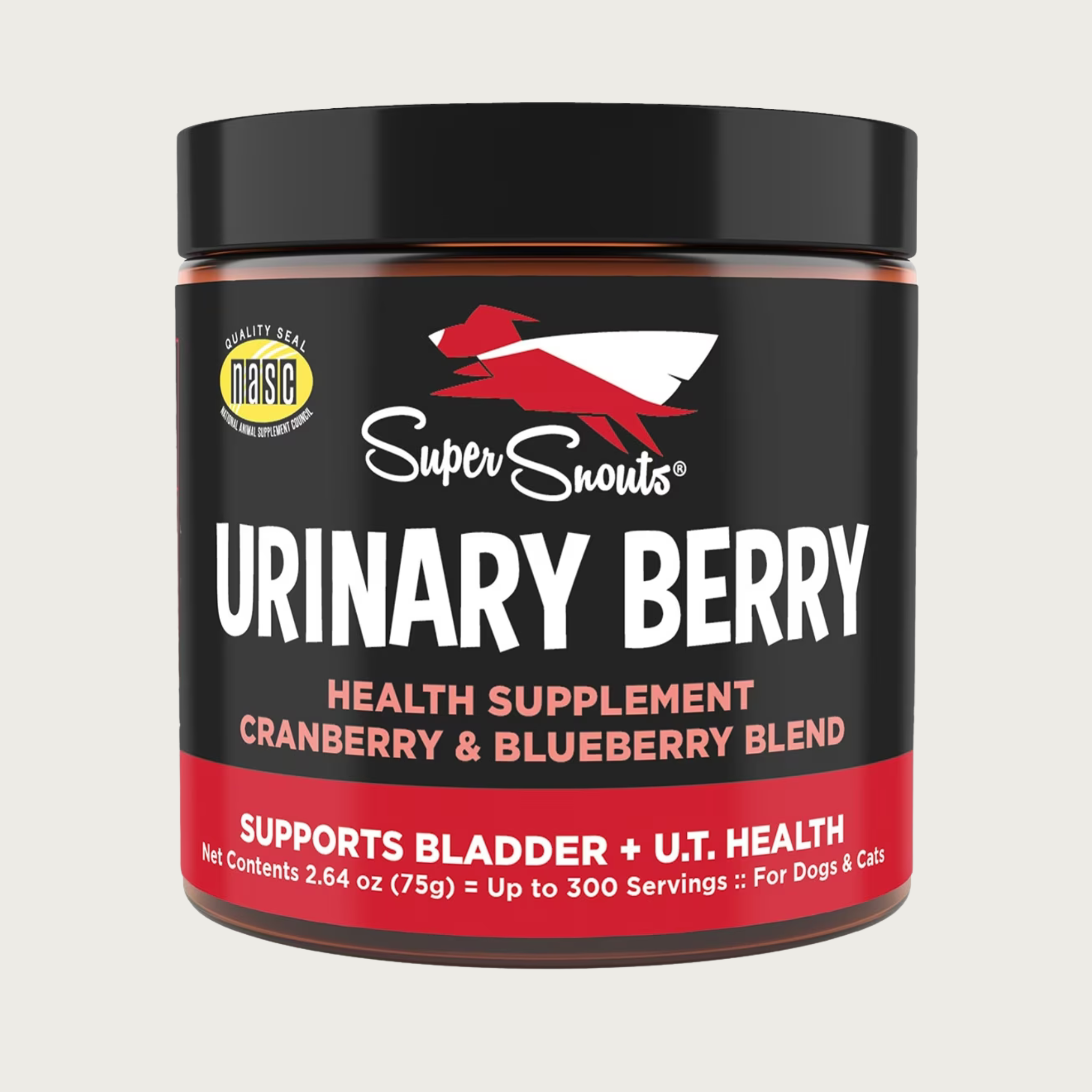 Dark plastic jar with black & red label, of Super Snouts Urinary Berry health supplement with cranberry & blueberry blend. Supports bladder and U.T. health. Net Contents: 2.64 oz (75g)=up to 300 servings. For dogs & cats.
