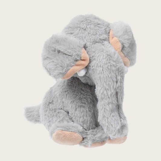 Alternate view of the Animated Elephant toy, showing its ears covering its face when it's not being squeezed.