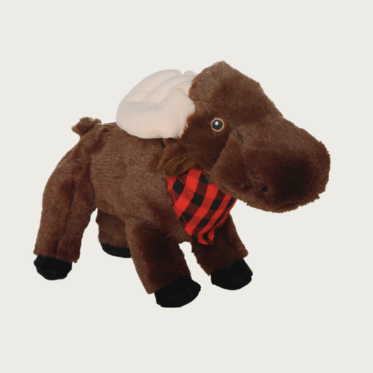 Dark brown plush moose dog toy wearing a red and black buffalo check scarf. Its antlers are light tan, and laying down.