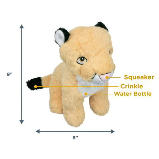 Side view of the Crunch Mountain Lion dog toy with additional information. Arrows show 9" vertical height and 8" width. "Squeaker" points to its nose, "Crinkle" points to its tail, and "Water Bottle" points to its chest.