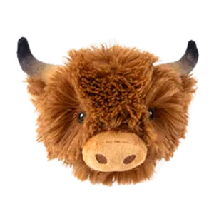 A plush ball in the shape of a highland cow's head. It has embroidered eyes, tan snout, and gray horns. Covered in caramel colored shaggy plush fabric.