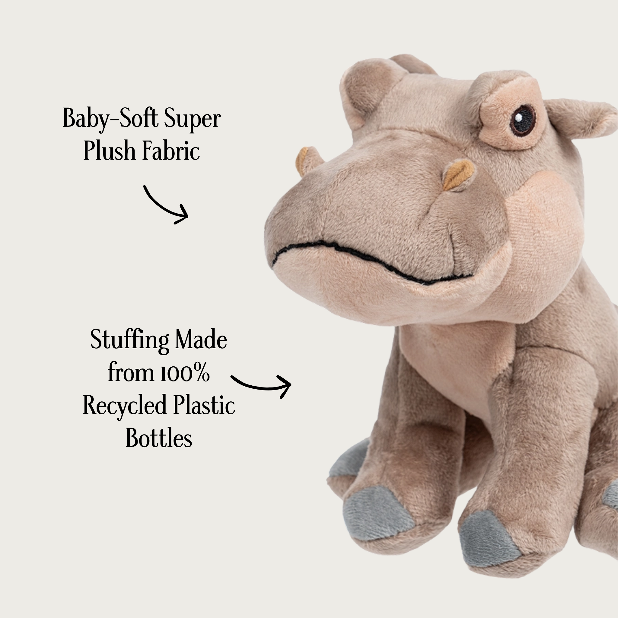 Alternate view of the Hippo with Squeaker toy, with text callouts describing the baby-soft super plush fabric and stuffing made from 100% recycled plastic bottles.
