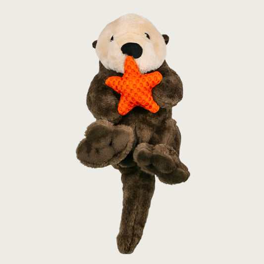 Cute Otter Rope Body dog toy from Tall Tails. Front view looks as if he is standing on his tail. Its body is dark brown plush with beige face, embroidered eyes and black nose. It is holding an orange mesh starfish.