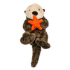 Cute Otter Rope Body dog toy from Tall Tails. Front view looks as if he is standing on his tail. Its body is dark brown plush with beige face, embroidered eyes and black nose. It is holding an orange mesh starfish.