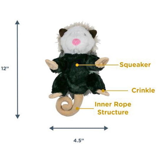 Frontal view of the Possum dog toy with additional information. Arrows show 12" vertical height and 4.5" width. "Squeaker" points to its chest, "Crinkle" points to its feet, and "Inner Rope Structure" points to its tail.