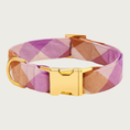 Load image into Gallery viewer, A plaid flannel dog collar with a rust brown, medium purple, and cream plaid pattern, with polished gold-tone buckle & hardware.

