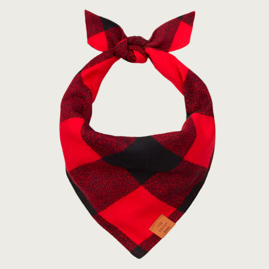 Bright red and black buffalo plaid dog bandana.