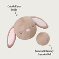Load image into Gallery viewer, Plush beige bunny ball dog toy, with removable bouncy squeaker ball next to it. Bunny has long ears and a sweet facial expression. Ball has beige plush covering it. Text pointing to the bunny says "crinkle paper inside" and text pointing to the smaller ball says "removable bouncy squeaker ball".
