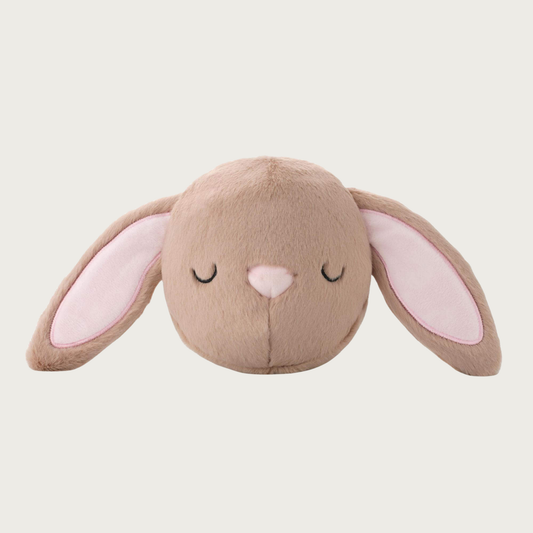 Plush tan bunny ball toy with long ears & pink inner ears. Sweet, sleepy facial expression.