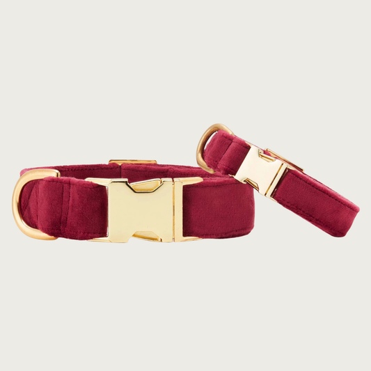 Two Burgundy Velvet collars with different widths (5/8" and 1"), with the smaller & more narrow collar leaning on the larger one.